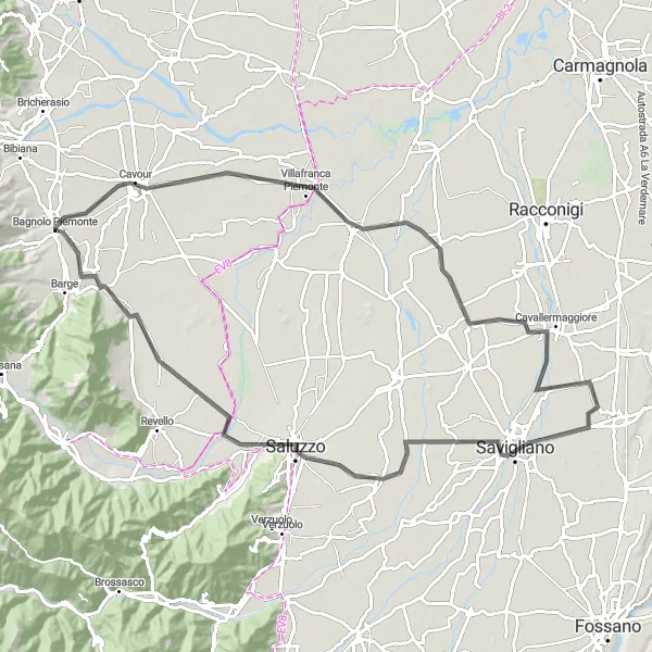 Map miniature of "Scenic Ride to Cavallermaggiore" cycling inspiration in Piemonte, Italy. Generated by Tarmacs.app cycling route planner