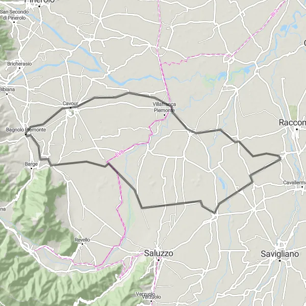 Zemljevid v pomanjšavi "Cycling route around Bagnolo Piemonte" kolesarske inspiracije v Piemonte, Italy. Generirano z načrtovalcem kolesarskih poti Tarmacs.app