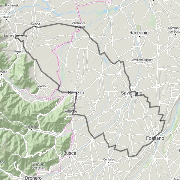 Kartminiatyr av "Kulturelle og naturskjønne opplevelser rundt Bagnolo Piemonte" sykkelinspirasjon i Piemonte, Italy. Generert av Tarmacs.app sykkelrutoplanlegger