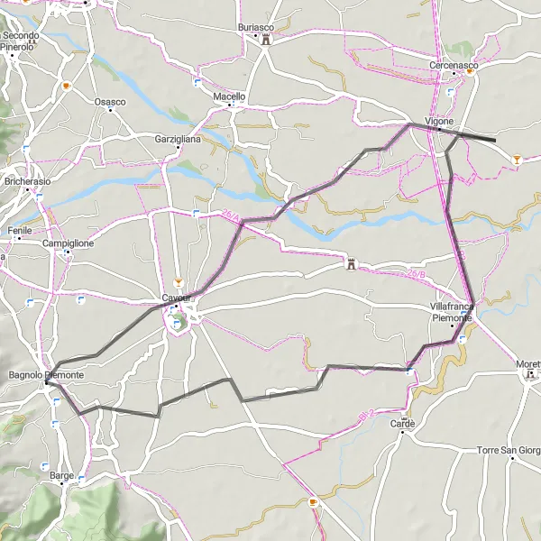 Kartminiatyr av "Rocca di Cavour og Cavour Road Tour" sykkelinspirasjon i Piemonte, Italy. Generert av Tarmacs.app sykkelrutoplanlegger