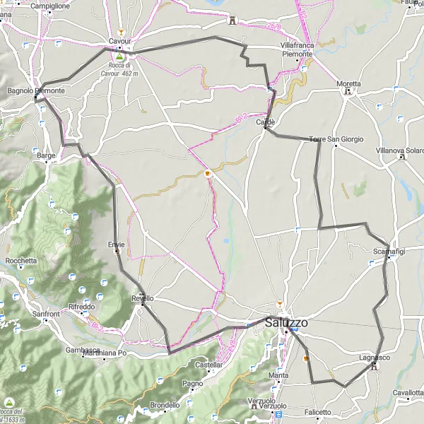 Map miniature of "Cavour and Castle Tapparelli d'Azeglio Loop" cycling inspiration in Piemonte, Italy. Generated by Tarmacs.app cycling route planner