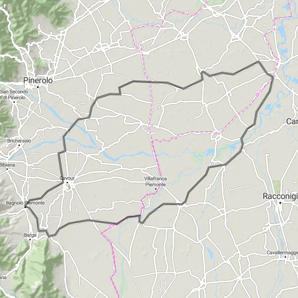 Zemljevid v pomanjšavi "Razgiban kolesarski izlet v okolici Bagnolo Piemonte" kolesarske inspiracije v Piemonte, Italy. Generirano z načrtovalcem kolesarskih poti Tarmacs.app