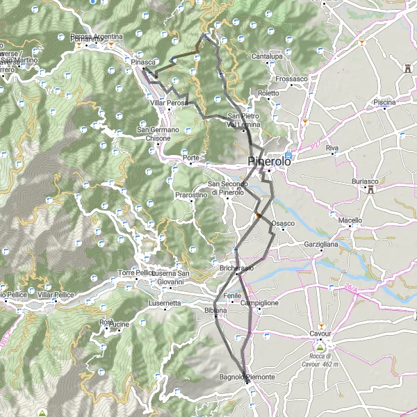 Map miniature of "Bibiana and Villar Perosa Scenic Ride" cycling inspiration in Piemonte, Italy. Generated by Tarmacs.app cycling route planner