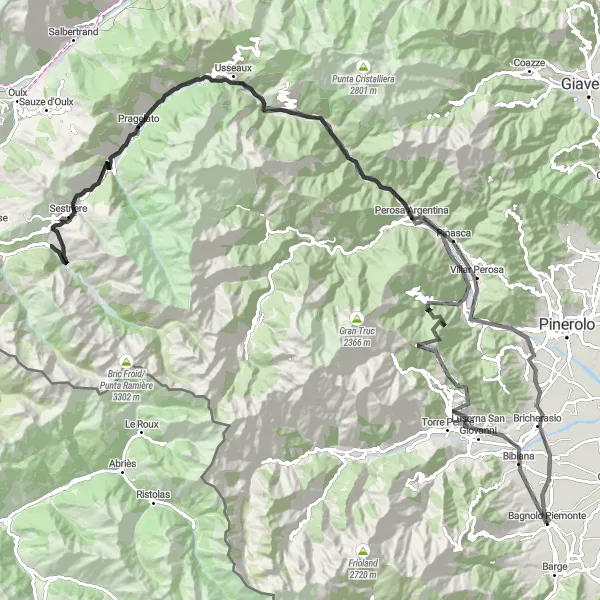 Mapa miniatúra "Náročný okruh cez Pramollo a Fenestrelle" cyklistická inšpirácia v Piemonte, Italy. Vygenerované cyklistickým plánovačom trás Tarmacs.app