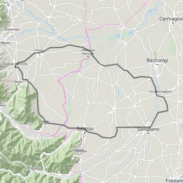 Zemljevid v pomanjšavi "Scenic route from Bagnolo Piemonte" kolesarske inspiracije v Piemonte, Italy. Generirano z načrtovalcem kolesarskih poti Tarmacs.app