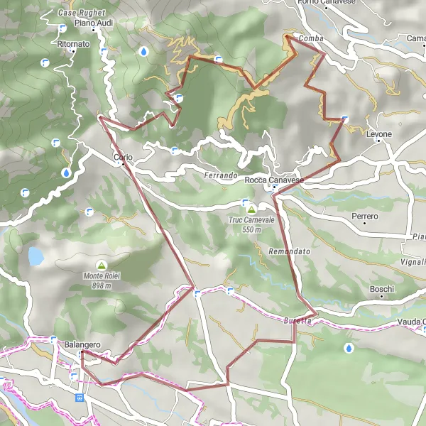 Mapa miniatúra "Gravel cyklotúra okolo Balangera" cyklistická inšpirácia v Piemonte, Italy. Vygenerované cyklistickým plánovačom trás Tarmacs.app