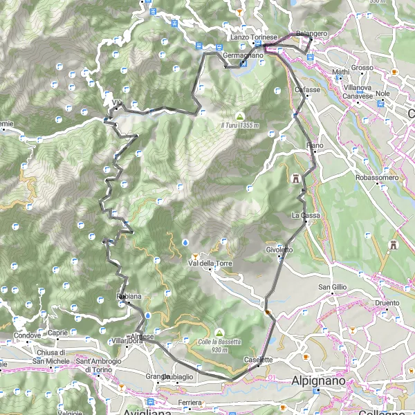 Map miniature of "Road Cycling Adventure: Balangero to Lanzo Torinese" cycling inspiration in Piemonte, Italy. Generated by Tarmacs.app cycling route planner