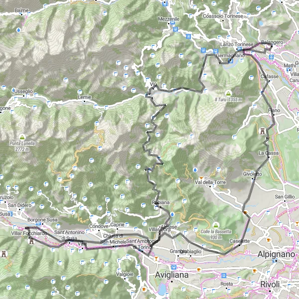Kartminiatyr av "Torino to Germagnano Loop" sykkelinspirasjon i Piemonte, Italy. Generert av Tarmacs.app sykkelrutoplanlegger