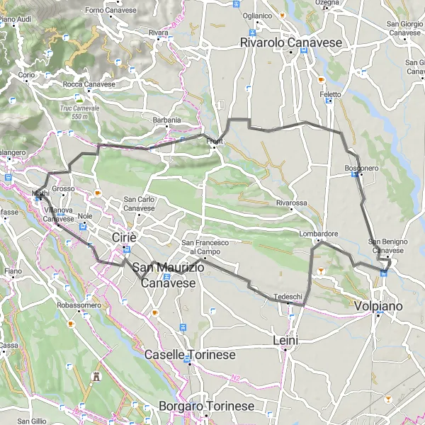 Karttaminiaatyyri "Vauda Canavesen maantiepyöräilyreitti" pyöräilyinspiraatiosta alueella Piemonte, Italy. Luotu Tarmacs.app pyöräilyreittisuunnittelijalla