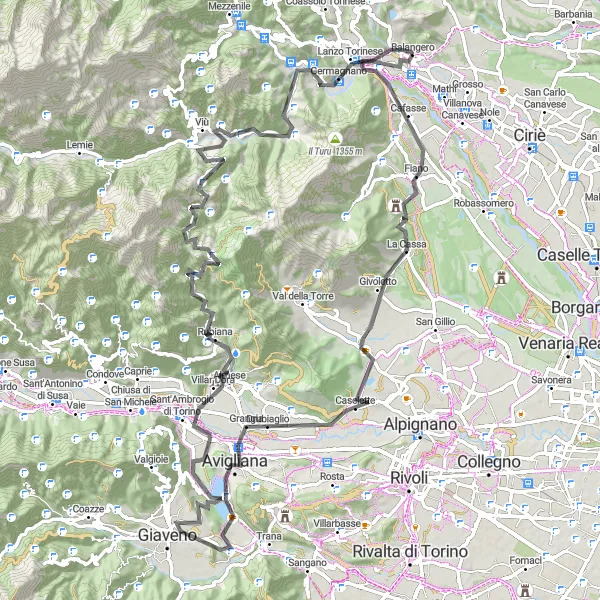 Miniatua del mapa de inspiración ciclista "Recorrido en Carretera por Balangero y sus Alrededores" en Piemonte, Italy. Generado por Tarmacs.app planificador de rutas ciclistas