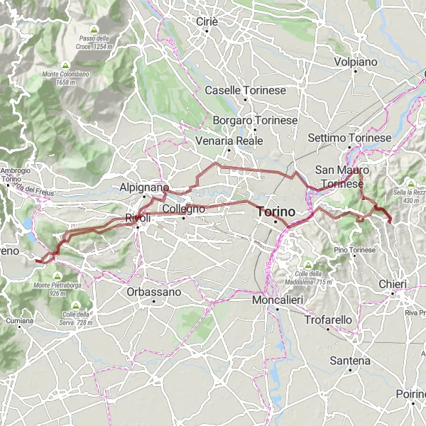 Map miniature of "Gravel Adventure near Baldissero Torinese" cycling inspiration in Piemonte, Italy. Generated by Tarmacs.app cycling route planner