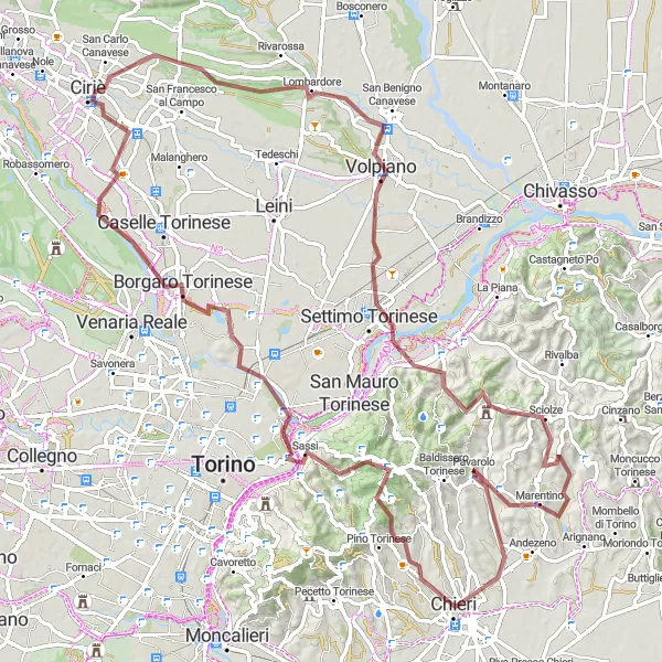 Miniaturekort af cykelinspirationen "Udfordrende Grus Cykelrute til Volpiano" i Piemonte, Italy. Genereret af Tarmacs.app cykelruteplanlægger