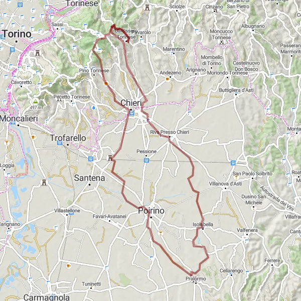Zemljevid v pomanjšavi "Gravelna pot do Baldissero Torinese" kolesarske inspiracije v Piemonte, Italy. Generirano z načrtovalcem kolesarskih poti Tarmacs.app