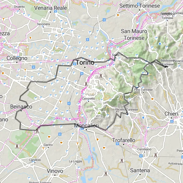 Kartminiatyr av "Turin och omgivningar på landsväg" cykelinspiration i Piemonte, Italy. Genererad av Tarmacs.app cykelruttplanerare