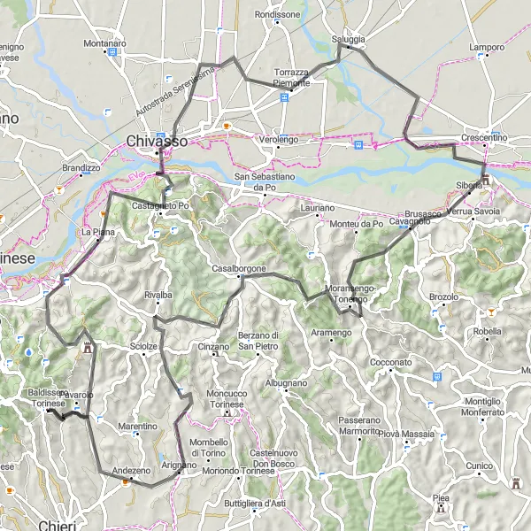 Map miniature of "Challenging Road Loop to Andezeno" cycling inspiration in Piemonte, Italy. Generated by Tarmacs.app cycling route planner