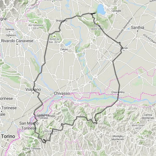 Miniatua del mapa de inspiración ciclista "Ruta de ciclismo de carretera de Baldissero Torinese" en Piemonte, Italy. Generado por Tarmacs.app planificador de rutas ciclistas