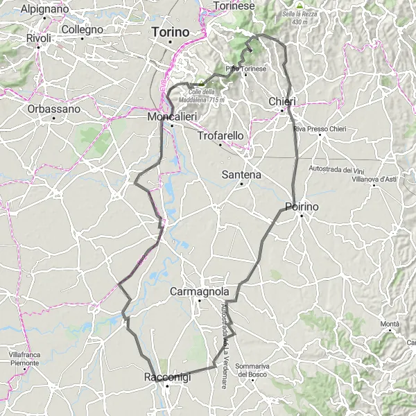 Zemljevid v pomanjšavi "Okoli Piemonta: Chieri do Tetti Pietraforata" kolesarske inspiracije v Piemonte, Italy. Generirano z načrtovalcem kolesarskih poti Tarmacs.app