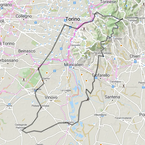 Zemljevid v pomanjšavi "Po hribih in dolinah: Pino Torinese do Tetti Ronchi" kolesarske inspiracije v Piemonte, Italy. Generirano z načrtovalcem kolesarskih poti Tarmacs.app