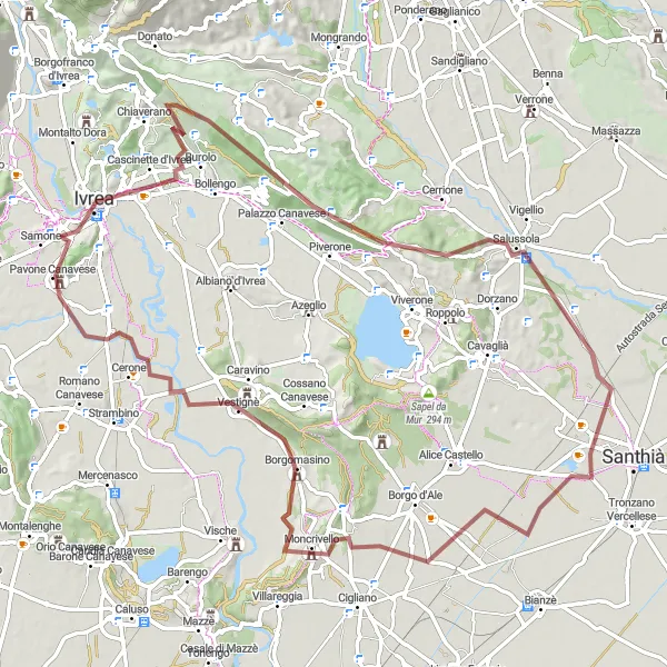 Kartminiatyr av "Grusvägscykelrutt nära Banchette" cykelinspiration i Piemonte, Italy. Genererad av Tarmacs.app cykelruttplanerare