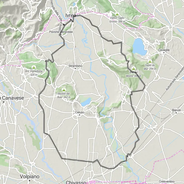 Miniatuurkaart van de fietsinspiratie "Ronde fietsroute vanaf Banchette via Montanaro en Perosa Canavese" in Piemonte, Italy. Gemaakt door de Tarmacs.app fietsrouteplanner