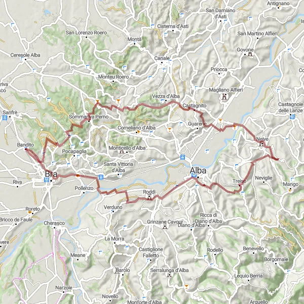 Miniatua del mapa de inspiración ciclista "Ruta de los viñedos de Langhe" en Piemonte, Italy. Generado por Tarmacs.app planificador de rutas ciclistas