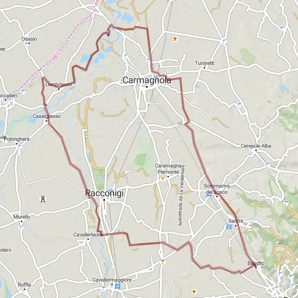 Miniaturní mapa "Gravelová dobrodružství od Bandita" inspirace pro cyklisty v oblasti Piemonte, Italy. Vytvořeno pomocí plánovače tras Tarmacs.app