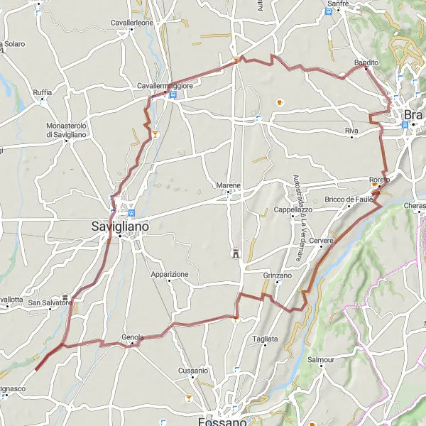 Miniatura della mappa di ispirazione al ciclismo "Gravel avventuroso tra Bandito e Cavallermaggiore" nella regione di Piemonte, Italy. Generata da Tarmacs.app, pianificatore di rotte ciclistiche