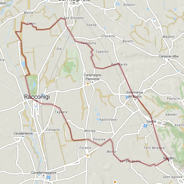 Kartminiatyr av "Grusvei sykkeltur fra Bandito til Tetti Milanesi" sykkelinspirasjon i Piemonte, Italy. Generert av Tarmacs.app sykkelrutoplanlegger