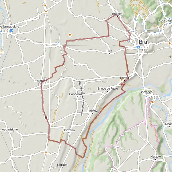 Zemljevid v pomanjšavi "Gravelna pot skozi Roreto, Castello della Salza in Bandito" kolesarske inspiracije v Piemonte, Italy. Generirano z načrtovalcem kolesarskih poti Tarmacs.app