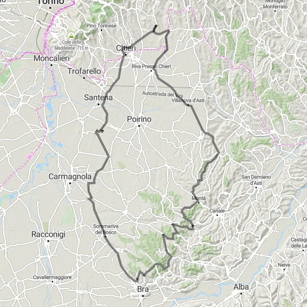 Miniatura della mappa di ispirazione al ciclismo "Road panoramica da Bandito a Sommariva Perno" nella regione di Piemonte, Italy. Generata da Tarmacs.app, pianificatore di rotte ciclistiche