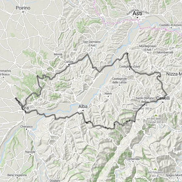 Map miniature of "The Road to Roero" cycling inspiration in Piemonte, Italy. Generated by Tarmacs.app cycling route planner