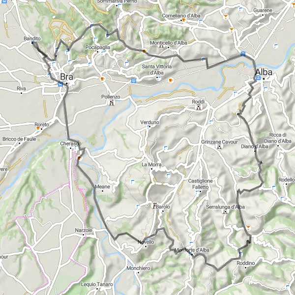 Miniaturní mapa "Silniční trasa skrze Alba" inspirace pro cyklisty v oblasti Piemonte, Italy. Vytvořeno pomocí plánovače tras Tarmacs.app