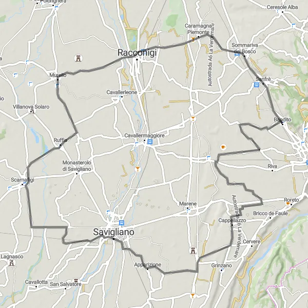 Miniaturekort af cykelinspirationen "Landevejscykelrute fra Bandito til Racconigi" i Piemonte, Italy. Genereret af Tarmacs.app cykelruteplanlægger