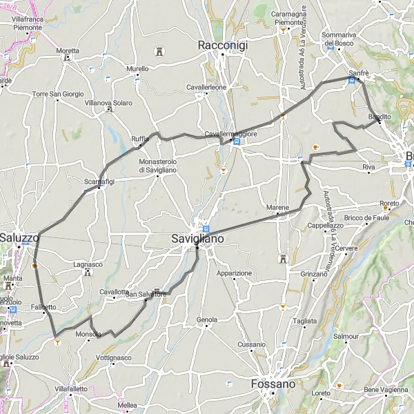 Zemljevid v pomanjšavi "Cestna tura skozi Savigliano, Falicetto in Cavallermaggiore" kolesarske inspiracije v Piemonte, Italy. Generirano z načrtovalcem kolesarskih poti Tarmacs.app