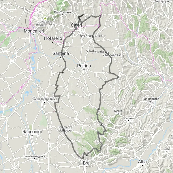 Zemljevid v pomanjšavi "Kolesarska pot med Banditom in Sommariva Perno" kolesarske inspiracije v Piemonte, Italy. Generirano z načrtovalcem kolesarskih poti Tarmacs.app
