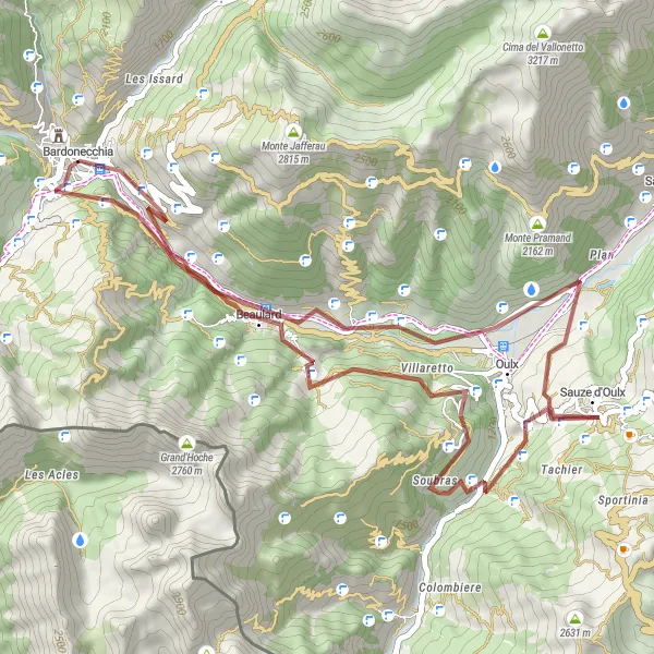 Miniatura della mappa di ispirazione al ciclismo "Bikepacking tra Bardonecchia e Sauze d'Oulx" nella regione di Piemonte, Italy. Generata da Tarmacs.app, pianificatore di rotte ciclistiche