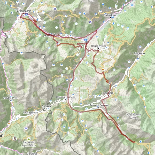 Miniatura della mappa di ispirazione al ciclismo "Esplorazione in Gravel tra Oulx e Bardonecchia" nella regione di Piemonte, Italy. Generata da Tarmacs.app, pianificatore di rotte ciclistiche