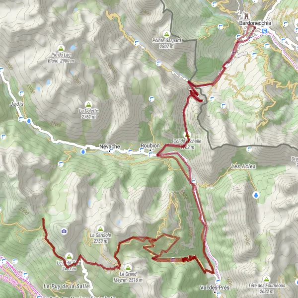 Map miniature of "Bardonecchia - Val-des-Prés Gravel Route" cycling inspiration in Piemonte, Italy. Generated by Tarmacs.app cycling route planner