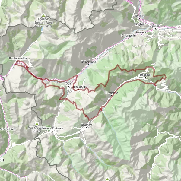 Zemljevid v pomanjšavi "Gravel Adventure through Piemonte Mountains" kolesarske inspiracije v Piemonte, Italy. Generirano z načrtovalcem kolesarskih poti Tarmacs.app