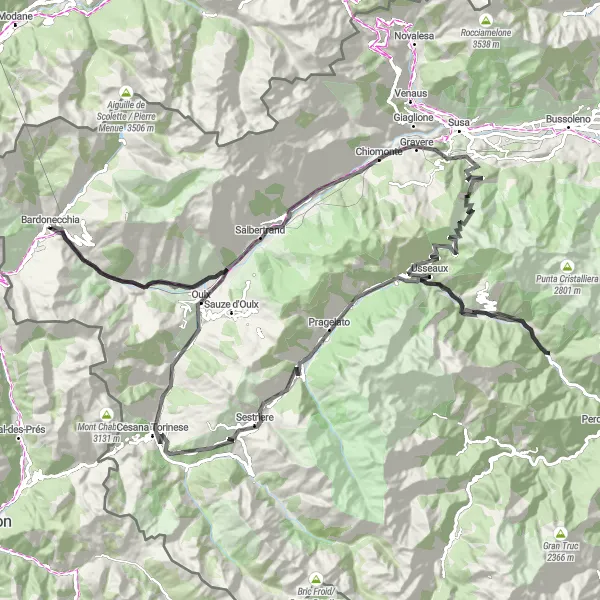 Miniature de la carte de l'inspiration cycliste "Traversée des Vallées et Col(le)s" dans la Piemonte, Italy. Générée par le planificateur d'itinéraire cycliste Tarmacs.app