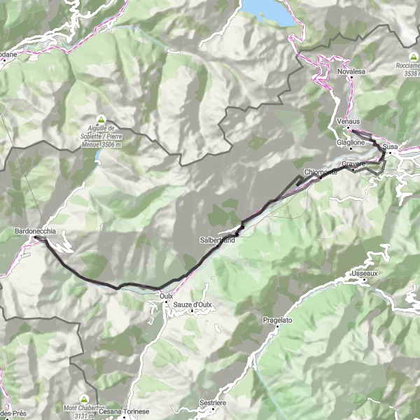 Zemljevid v pomanjšavi "Cestna pot Bardonecchia - Colle della Forca" kolesarske inspiracije v Piemonte, Italy. Generirano z načrtovalcem kolesarskih poti Tarmacs.app