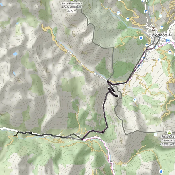 Map miniature of "Road Cycling Delight: Bardonecchia and Colle della Forca" cycling inspiration in Piemonte, Italy. Generated by Tarmacs.app cycling route planner