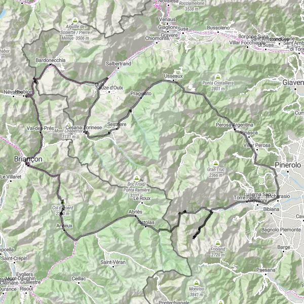 Zemljevid v pomanjšavi "Potovanje po cestah v bližini Bardonecchie" kolesarske inspiracije v Piemonte, Italy. Generirano z načrtovalcem kolesarskih poti Tarmacs.app
