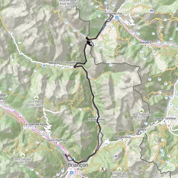 Miniaturní mapa "Kolem Bardonecchie a Briançonu" inspirace pro cyklisty v oblasti Piemonte, Italy. Vytvořeno pomocí plánovače tras Tarmacs.app