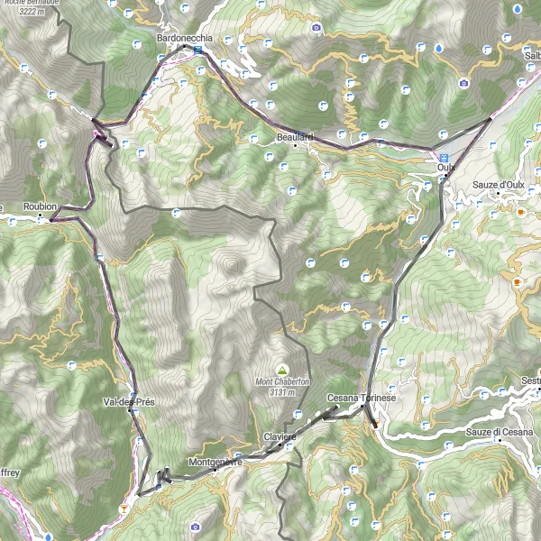 Miniature de la carte de l'inspiration cycliste "Parcours des Chateaux et Montagnes" dans la Piemonte, Italy. Générée par le planificateur d'itinéraire cycliste Tarmacs.app