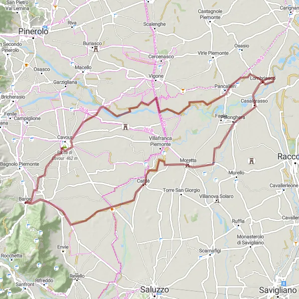 Mapa miniatúra "Gravelový okruh cez pohorie Piemontu" cyklistická inšpirácia v Piemonte, Italy. Vygenerované cyklistickým plánovačom trás Tarmacs.app