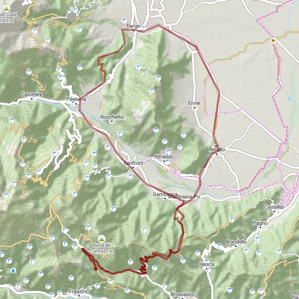 Miniatua del mapa de inspiración ciclista "Ruta de Grava de Barge a Paesana" en Piemonte, Italy. Generado por Tarmacs.app planificador de rutas ciclistas