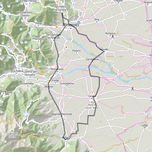 Miniaturní mapa "Okruh kolem Barge - Piemonte, Itálie" inspirace pro cyklisty v oblasti Piemonte, Italy. Vytvořeno pomocí plánovače tras Tarmacs.app