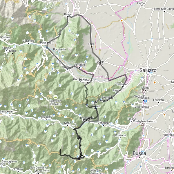 Mapa miniatúra "Vrcholová výzva okolo Barge" cyklistická inšpirácia v Piemonte, Italy. Vygenerované cyklistickým plánovačom trás Tarmacs.app