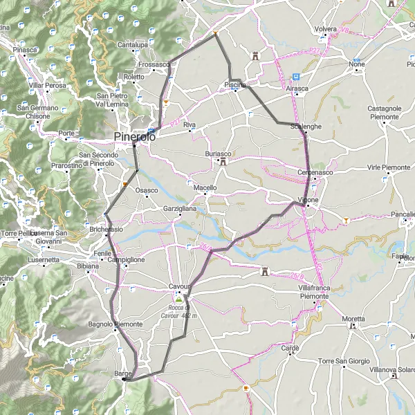 Zemljevid v pomanjšavi "Pikantna pot okoli Bargea" kolesarske inspiracije v Piemonte, Italy. Generirano z načrtovalcem kolesarskih poti Tarmacs.app